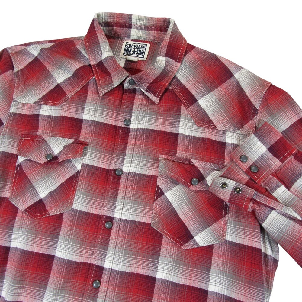 Converse Mens Pearl Snap Western Shirt L Red Plaid 100% Cotton Pocket Pockets